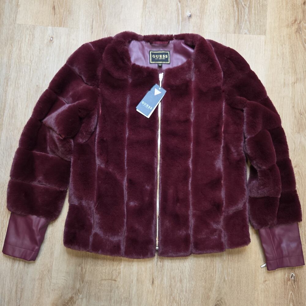 Guess Lissy Faux Fur Burgundy Jacket Size XS NWT